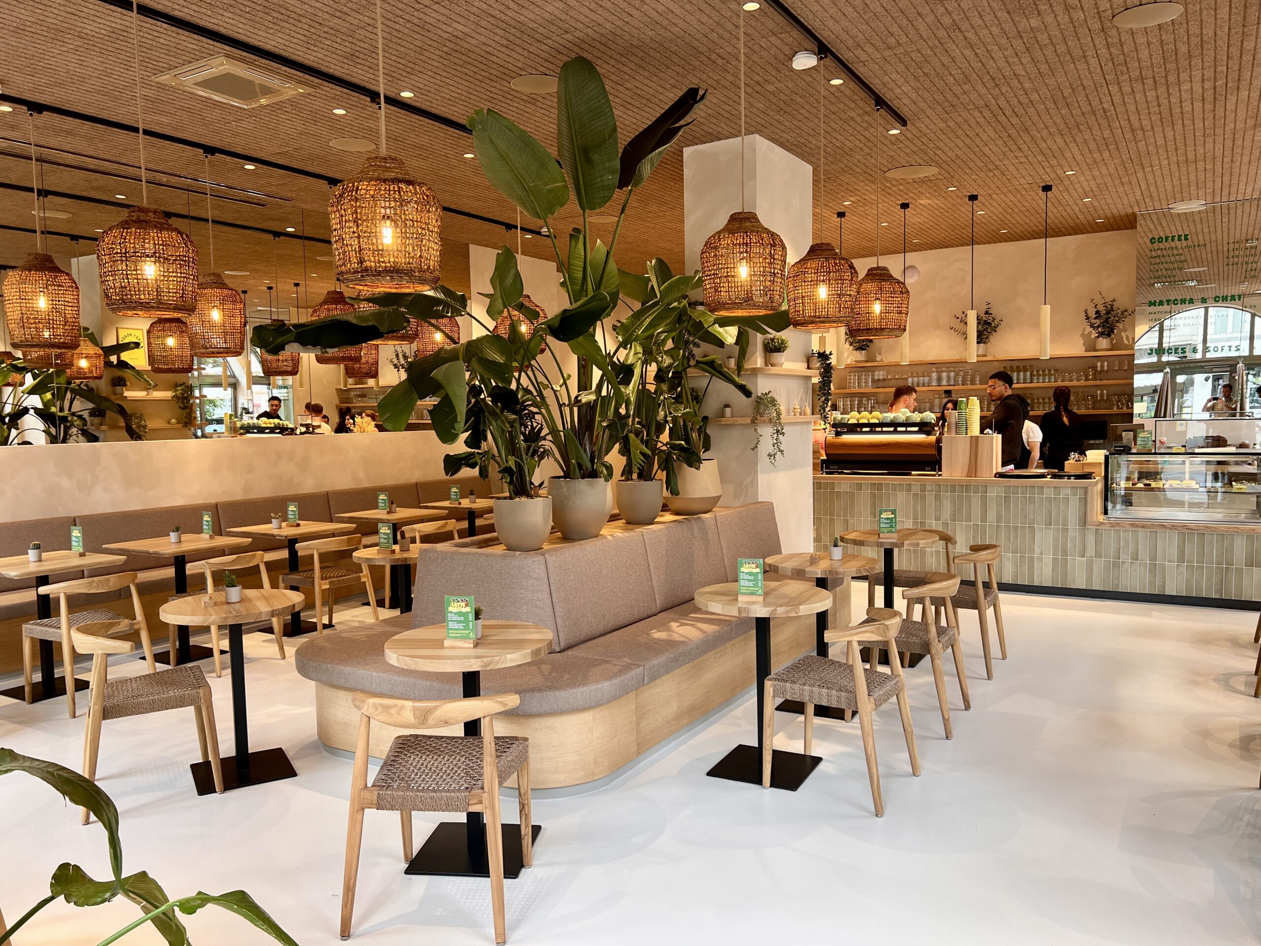 Helles Café mit Holzmöbeln, Pflanzen und Körben als Leuchten. Ein einladender Raum mit einer Theke im Hintergrund.