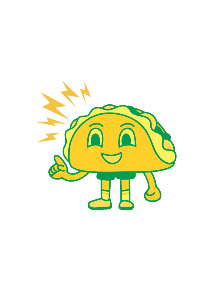 Bunt illustrierter Taco mit lächelndem Gesicht, daumenhoch, umgeben von Blitzsymbolen auf schwarzem Hintergrund.